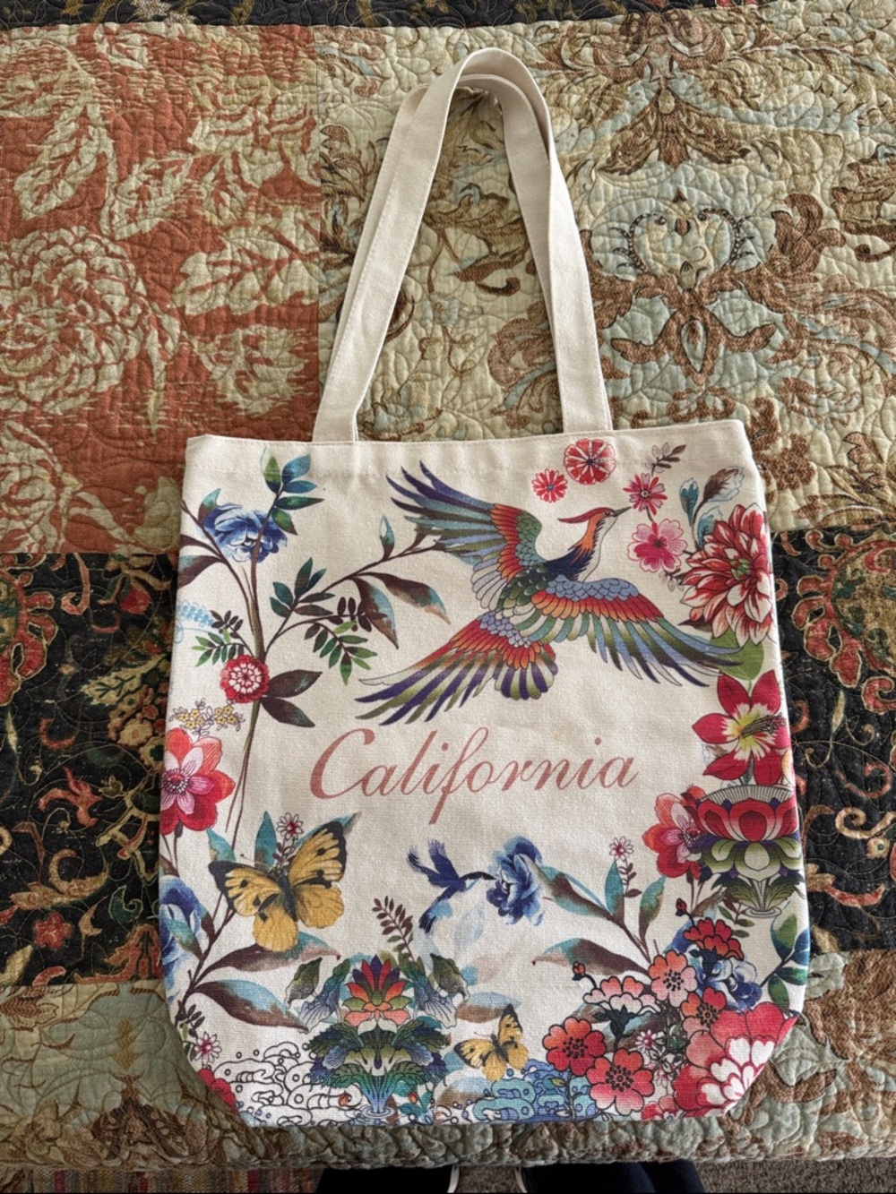 Johnny Was Colorful Bird & Floral Canvas Tote